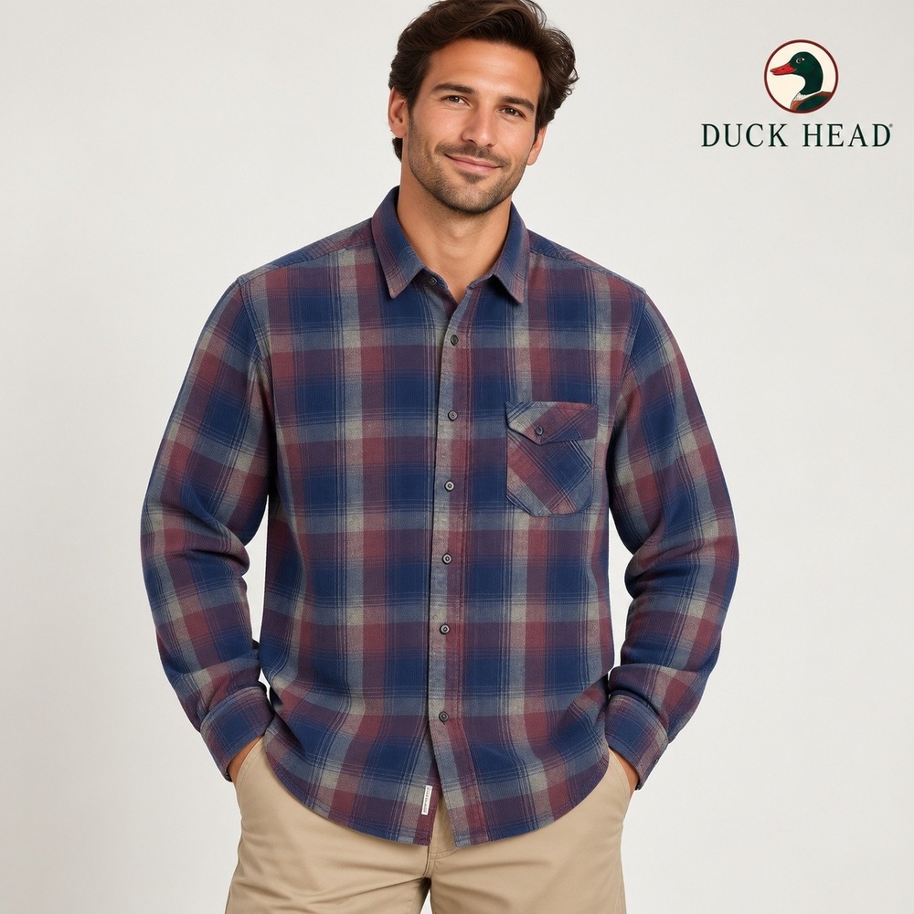 Duck Head Button Down Shirt Men XL Blue Burgundy Plaid Corduroy Long Sleeve